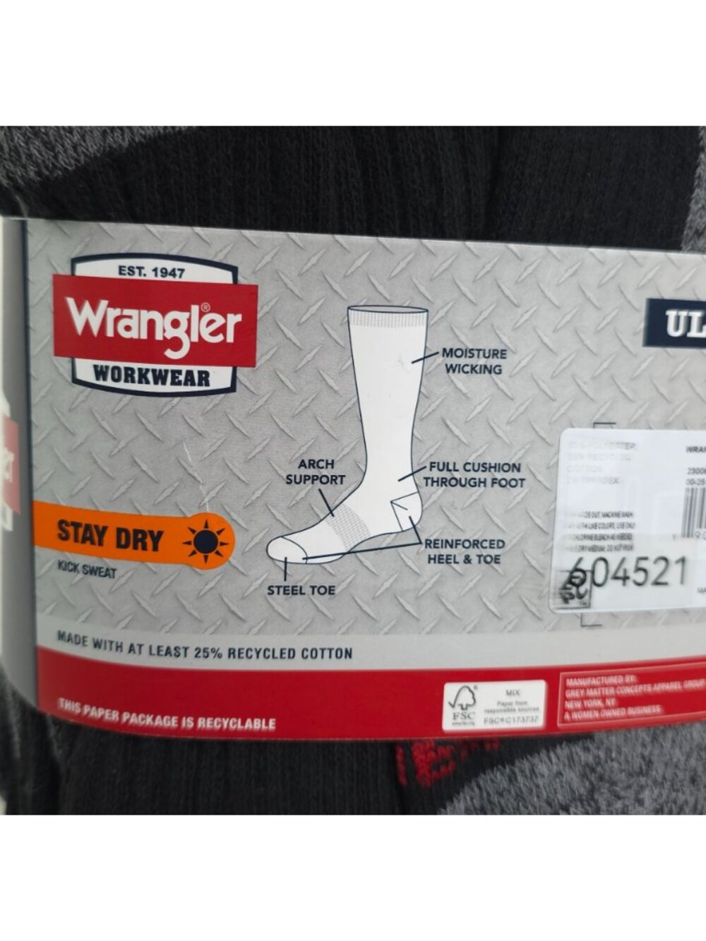 Wrangler Ultra Dry Work Socks 6-Pack Crew Arch Support Steel Toe Cushion Foot - Picture 6 of 9
